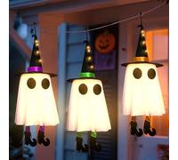 Lot de 3 fantômes à suspendre pour Halloween avec chapeau de sorcière fantômes lumineux avec lumière LED - Décoration fantôme - 3 modes d'éclairage pour jardin, patio, jardin