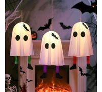 Lot de 3 fantômes d'Halloween à suspendre pour décoration extérieure effrayante de cour et de terrasse avec lumières lumineuses, accents chauve-souris et plusieurs modes clignotants (électronique)