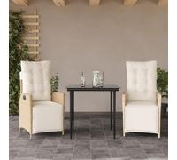 Lot de 3 fauteuils de jardin avec coussins en polyrotin beige avec repose-pieds, dossier réglable, dessus en verre, housses amovibles