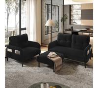 Lot de 3 fauteuils, tabourets, canapé 2 places avec poche latérale, structure en tube d'acier et dossier extra doux, assise profonde, modulaire, combinable pour le salon, noir