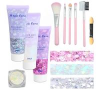 Lot de 3 flacons de gel pailleté pour le corps - 50 ml - Avec 5 pinceaux et 1 brosse à ombre à paupières - Festival à paillettes - Pour festival, visage, visage, cheveux, lèvres, ongles - Maquillage