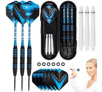 Lot de 3 fléchettes professionnelles à pointe en métal - 22 g - En acier tungstène - Avec 6 ailettes + 6 anneaux en caoutchouc anti-lâche + boîte - Pour débutants, joueurs de fléchettes - Bleu