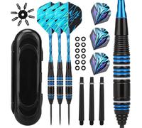 Lot de 3 fléchettes professionnelles à pointe en métal 23 g, en acier bleu dégradé de couleur, 3 fléchettes en acier avec pointe en acier, 6 ailettes de fléchettes, 12 anneaux en O en caoutchouc, 3