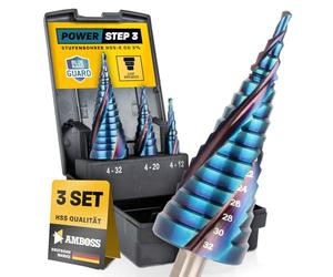 Lot de 3 forets étagés Ø 4-12 + 4-20 + 4-32 mm - Foret conique professionnel HSS-E Co 5 % / enclume PowerStep 3 TiAlSiN Blue Nano Guard / pour acier, inox, acier inoxydable, aluminium, plastique
