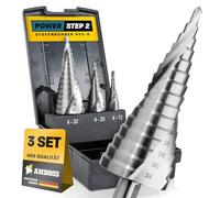 Lot de 3 forets étagés Ø 4-12 + 4-20 + 4-32 mm / tige 10 mm / Lot de 3 forets à métaux professionnels HSS / enclume PowerStep 2 / forets perforés pour acier, aluminium, plastique, verre acrylique