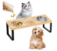 Lot de 3 gamelles surélevées en acier inoxydable avec support, inclinées à 15° - Station d'alimentation surélevée pour chats et petits chiens, anti-vomissements, base en bambou, facile à nettoyer