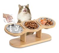Lot de 3 Gamelles surélevées pour Chat - Hauteur Réglable - Support en Bois - Gamelles en Acier Inoxydable - Pour Eau et Nourriture
