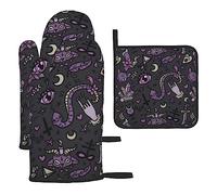 Lot de 3 gants de cuisine antidérapants violets et noirs gothiques avec maniques et tapis isolants thermiques