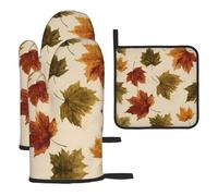 Lot de 3 gants de cuisine en polyester avec motif feuilles d'érable fanées - Gants imprimés résistants à la chaleur avec tapis de support pour la cuisine, la cuisson, le barbecue, le barbecue
