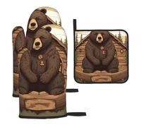 Lot de 3 gants de cuisine et maniques antidérapants résistants à la chaleur - Coussinets chauds rustiques - Motif ours - Gants de cuisine antidérapants pour la cuisine, la pâtisserie, le barbecue, le