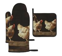 Lot de 3 gants de cuisine et maniques imprimés de poules - Résistants à la chaleur - Antidérapants - Pour cuisine, pâtisserie, barbecue