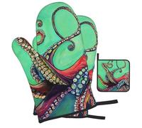 Lot de 3 gants de cuisine et maniques imprimés pieuvre mignons et résistants à la chaleur, gants de cuisine modernes et maniques pour la cuisine, la pâtisserie, les grillades