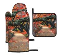 Lot de 3 gants de cuisine imprimés Tree in The Fall - Résistants à la chaleur - Antidérapants - Avec boucle de suspension - Pour la cuisine, les grillades, les barbecues