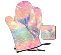 Lot de 3 gants de cuisine modernes et maniques imprimés queue de sirène résistants à la chaleur pour cuisine, pâtisserie, grillades