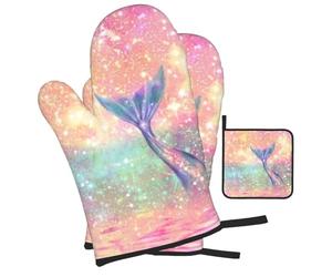 Lot de 3 gants de cuisine modernes et maniques imprimés queue de sirène résistants à la chaleur pour cuisine, pâtisserie, grillades