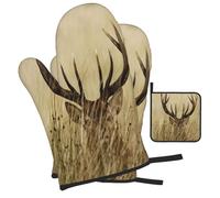 Lot de 3 gants de cuisine modernes et maniques résistants à la chaleur avec motif cerf à queue blanche pour cuisine, pâtisserie, grillades