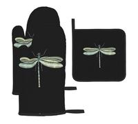 Lot de 3 gants de cuisine résistants à la chaleur, motif libellule noire, pour la pâtisserie, les grillades, gants de cuisine, dessous de plat antidérapants et imperméables pour pâtisserie, barbecue