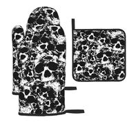 Lot de 3 gants de cuisine résistants à la chaleur, motif tête de mort humaine noir et blanc, gants de cuisine, dessous de plat imperméables, gants isolants thermiques, coussinets chauds