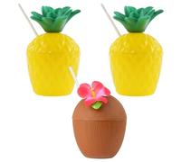 Lot de 3 gobelets réutilisables en plastique pour noix de coco et ananas avec pailles en papier (1 noix de coco/2 ananas) - Parfait pour les fêtes, les pique-niques, les barbecues ou tout événement