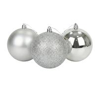 Lot de 3 Grandes Boules de Noël argentées en PVC incassables Brillantes, Mates, pailletées - Décorations à Suspendre pour Sapin de Noël - 20 cm