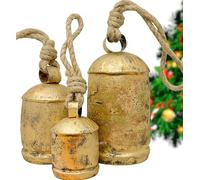 Lot de 3 Grandes Cloches de Noël Vintage rustiques et rustiques décoratives en métal avec Renne à Suspendre pour Couronne d'ornements XL tibétains