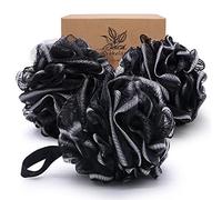 Lot de 3 grandes éponges de bain en luffa de 75 g XL pour femmes, hommes et enfants en maille douce, exfoliante douce avec charbon de bambou pour un nettoyage soyeux et lisse de la peau