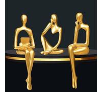 Lot de 3 Grandes statuettes décoratives de Penseur, en résine dorée, Style Moderne et Abstrait pour la Maison, Un Bureau, Une étagère, Une Table, Un Salon, Une Chambre ou Un Espace de Travail