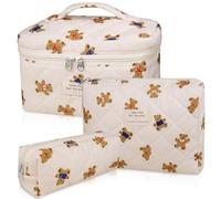 Lot de 3 grandes trousses de maquillage matelassées de voyage pour femme, grande trousse de toilette en coton à motif floral, jolie coquette esthétique (ours), multicolore, Mignon