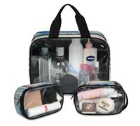 Lot de 3 grandes trousses de maquillage translucides avec palmiers tropicaux sur une île sur une île pour homme et femme - Grande trousse de toilette, couleur, L, Trousse de maquillage