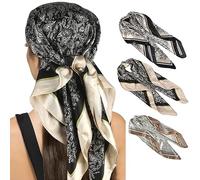 Lot de 3 grands foulards en soie pour femme - 90 x 90 cm - Grandes écharpes élégantes - Bandana en satin pour femme - Bandana en satin - Tendance - Accessoire de cheveux - Foulards carrés, Noir ,