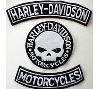Lot de 3 grands patchs argentés forme arc patch Harley Davidson Motorcycles crâne compatible avec gilets en cuir motard moto accessoires moto style personnalisé résistant haute qualité original