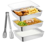 Lot de 3 grands plateaux à panure en acier inoxydable pour la cuisson avec couvercles et pince, 25,4 x 20,3 x 5,1 cm, récipients alimentaires pour dragage des poitrines de poulet et mariner la viande,
