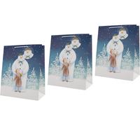 Lot De 3 Grands Sacs Cadeaux De Noël Motif Bonhomme De Neige Bleu Blanc