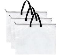 Lot de 3 grands sacs de rangement avec cordon de serrage et double poignées noires, maille en plastique transparent, idéal pour ranger les fournitures de bureau et les carnets de croquis