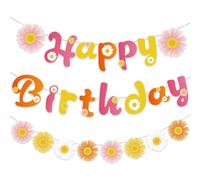 Lot de 3 guirlandes de marguerites Happy Birthday, bannière de marguerite, décoration d'anniversaire, guirlande Happy Birthday pour femmes et filles, fête d'anniversaire, guirlande de printemps Happy