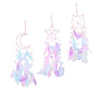 Lot de 3 Handmade Attrape-Rêves,attrape reve en forme de lune,de chat et d'étoile,à Perles & à Plumes Fait Main,attrape reve voiture pour Filles Enfants Chambre à Coucher Décoration Murale Bénédiction