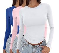 Lot de 3 hauts à manches longues pour femmes Y2K couche de base thermiques maillots de corps ajustés moulants pour sortir t-shirt col rond extensible ajusté esthétique streetwear 3 pièces t-shirts