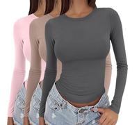 Lot de 3 hauts à manches longues pour femmes Y2K couche de base thermiques sous-vêtements ajustés moulants pour sortir t-shirt col rond extensible ajusté esthétique streetwear 3 pièces couleur unie
