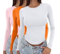 Lot de 3 hauts à manches longues pour femmes Y2K - Sous-vêtements thermiques de base ajustés serrés - T-shirts slim ajustés pour sortir - Col rond extensible ajusté - Streetwear esthétique - 3 pièces