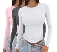 Lot de 3 hauts à manches longues pour femmes Y2K - Sous-vêtements thermiques de base ajustés serrés - T-shirts slim ajustés pour sortir - Col rond extensible ajusté - Streetwear esthétique - 3 pièces