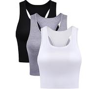 Lot de 3 Hauts Courts pour Femme, débardeur Court Basique sans Manches Dos Nageur pour Le Sport, la Gym, Les Adolescentes, Noir, Blanc, Gris., Taille XL