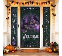 Lot de 3 housses de porte de bienvenue en forme de chat, corbeau mystique effrayant, papillon, Halloween, vert, vacances, porche, bannière décorative pour maison, extérieur, entrée, cour, patio