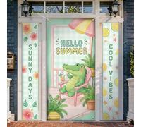 Lot de 3 housses de porte de bienvenue en forme de crocodile, hibiscus ludique, citron, été, vert, vacances, porche, bannière, décorations pour maison, porte d'entrée, cour, patio