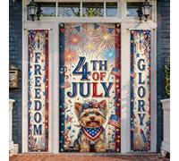 Lot de 3 housses de porte de bienvenue en forme de feux d'artifice avec étoiles et drapeaux américains, drapeaux américains de juillet, bannière décorative pour entrée, maison, porte, patio