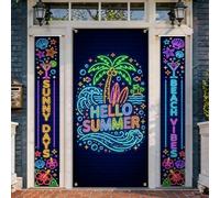Lot de 3 housses de porte de bienvenue en forme de palmier, vagues tropicales, étoiles de mer, été, vert fluo, décoration pour porte d'entrée, entrée extérieure
