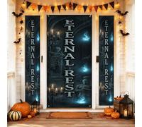 Lot de 3 housses de porte de bienvenue Eternal Rest - Flammes fantomatiques gothiques - Candélabre d'Halloween - Toile de fond pour porche de vacances - Bannière pour porte d'entrée, entrée extérieure
