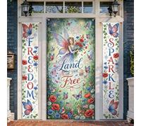 Lot de 3 housses de porte de bienvenue féériques, fantaisistes, papillons, fleurs, jour de l'indépendance, porche vertical, bannière, décorations pour maison, extérieur, porte d'entrée, cour, patio