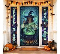 Lot de 3 housses de porte de bienvenue pour sorcière - Potion de chaudron mystique effrayante pour Halloween - Bannière décorative pour porte d'entrée d'entrée, entrée extérieure - Vert