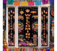 Lot de 3 housses de porte d'entrée avec citation de bienvenue Mexican | Thème de la fête mexicaine, ensemble de bannières de porche, motifs floraux vibrants, motifs de poterie traditionnelle