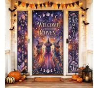 Lot de 3 housses de porte d'entrée pour Halloween Witchy Céleste Coven | Motifs de lune céleste, bannières verticales, accents de cristal mystique, thème champignon de la forêt enchantée